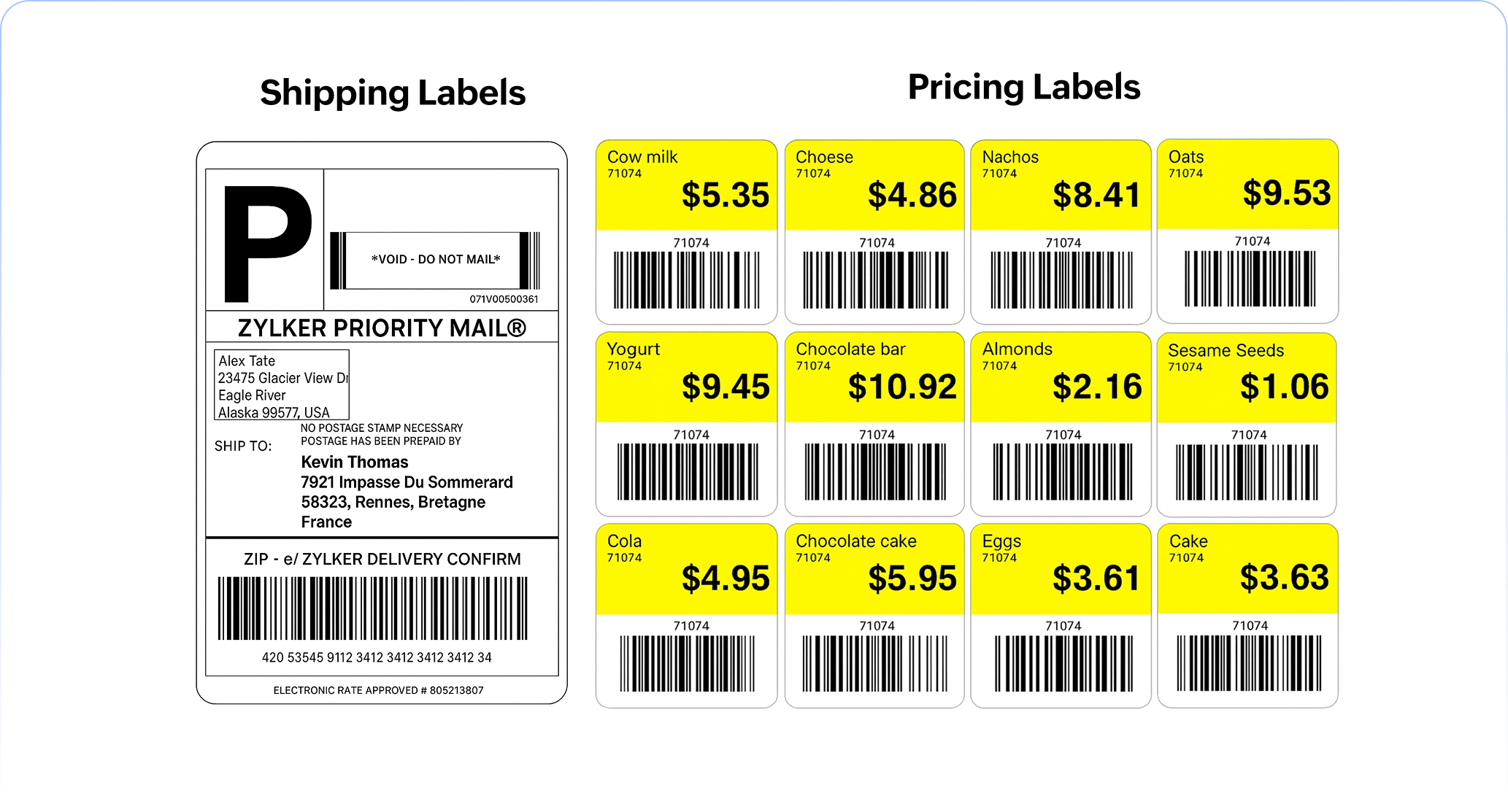 Label merge screenshots showing shipping labels and product labels