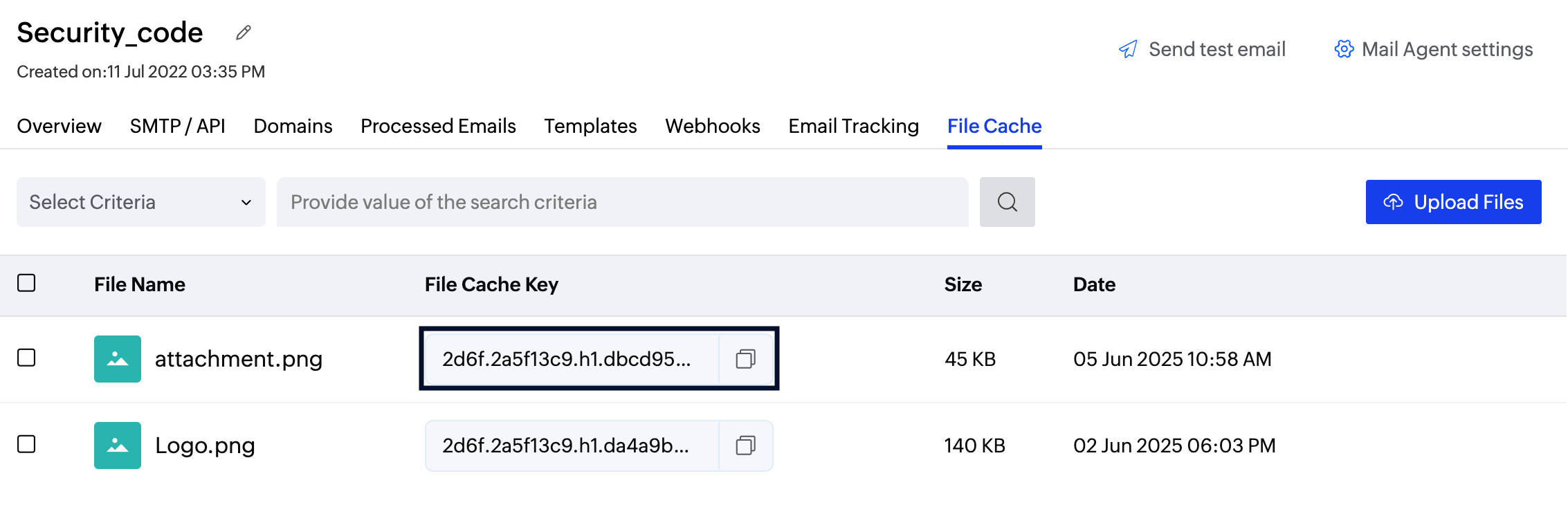 File cache key screenshot