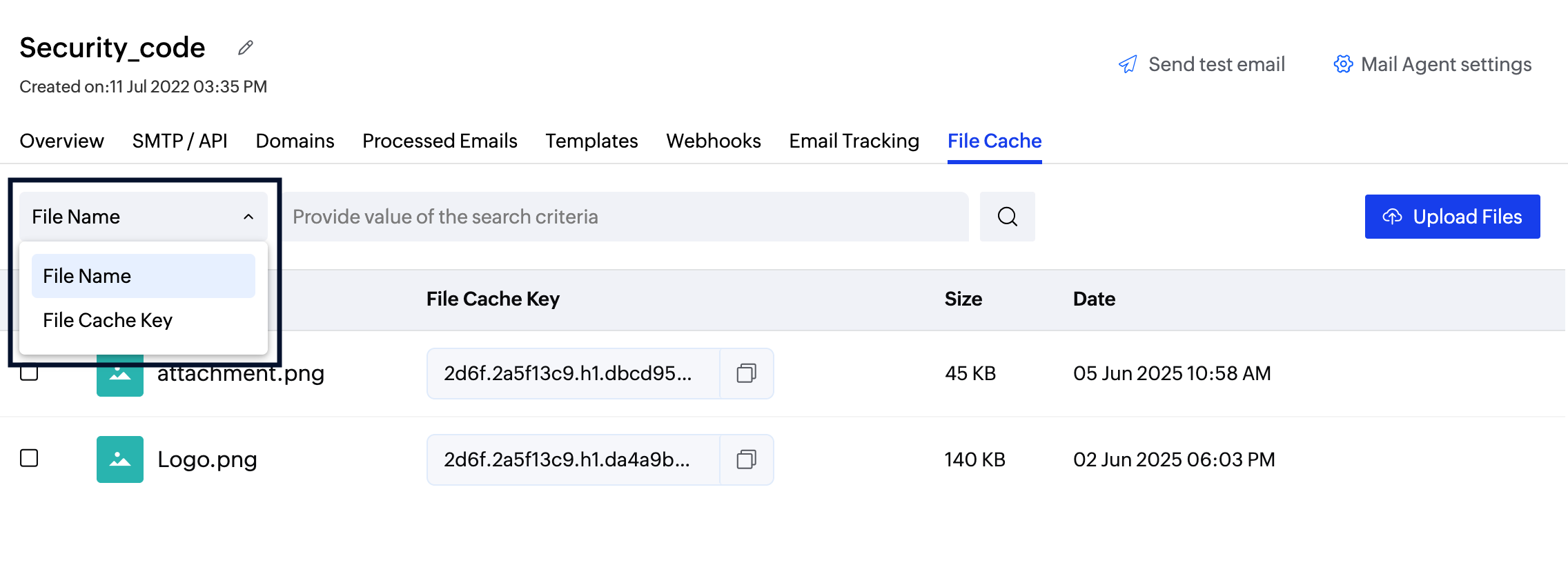 File cache search criteria screenshot