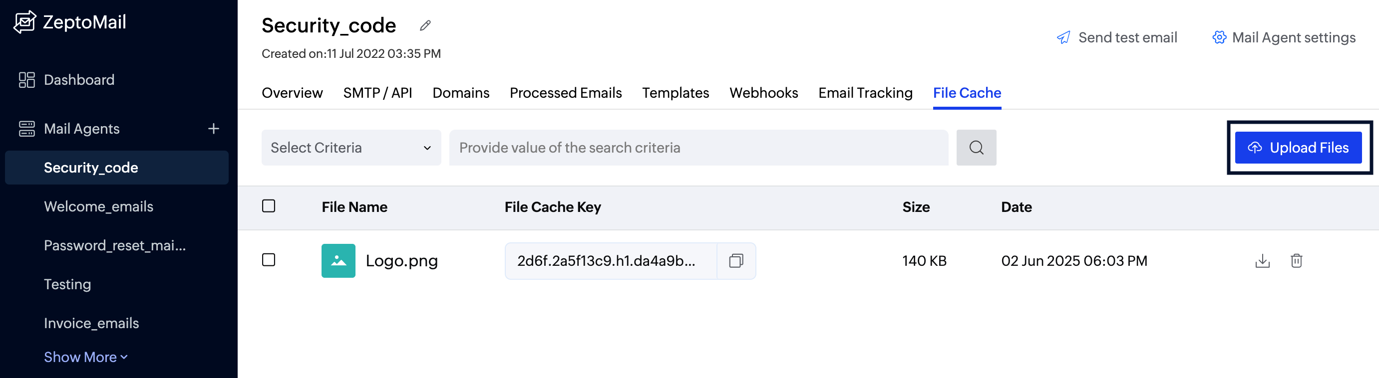 File cache section upload button screenshot