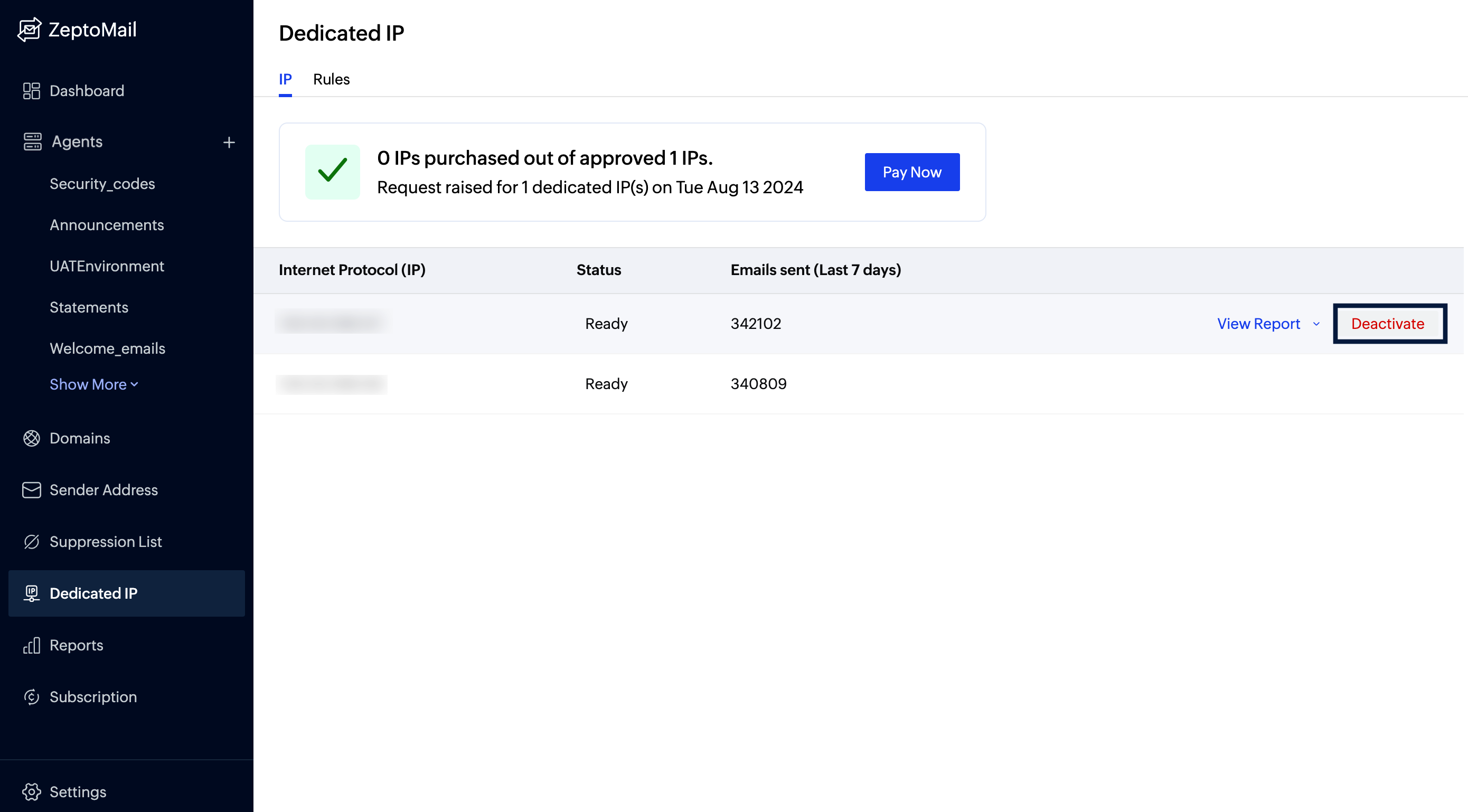 Dedicated ip deactivate