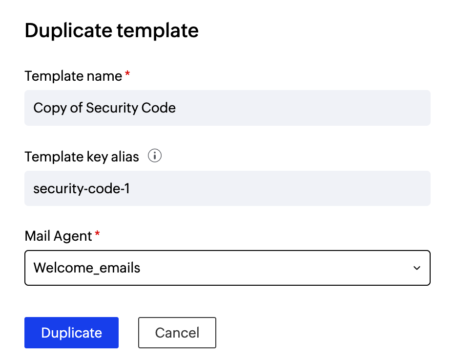 UI screenshot of creating duplicate template
