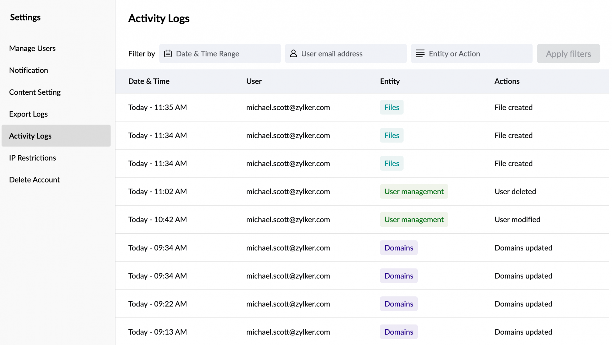 Activity Logs ZeptoMail