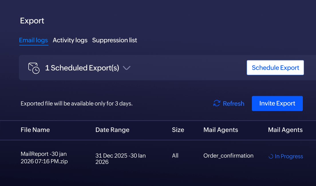 Export settings showing exported email logs.