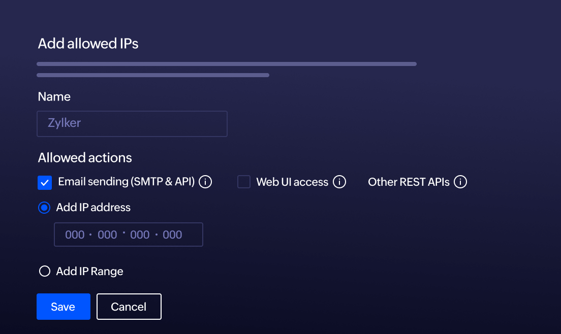 Allowed IP settings showing email sending, web access and rest API access restriction options.