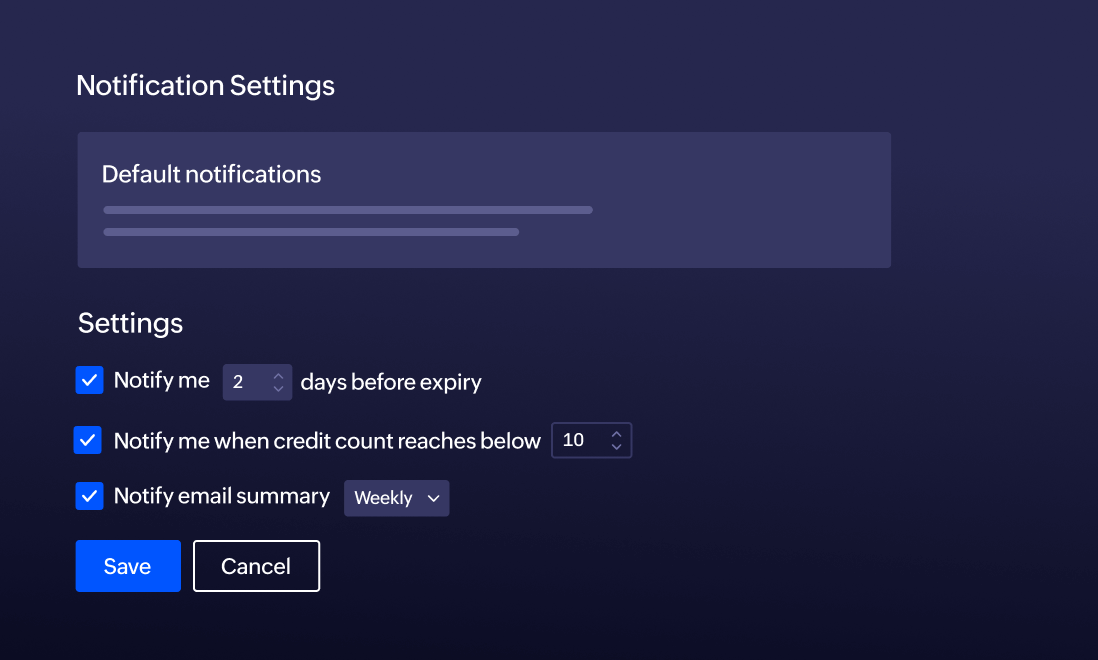Notification settings showing email summary and credit notification options.