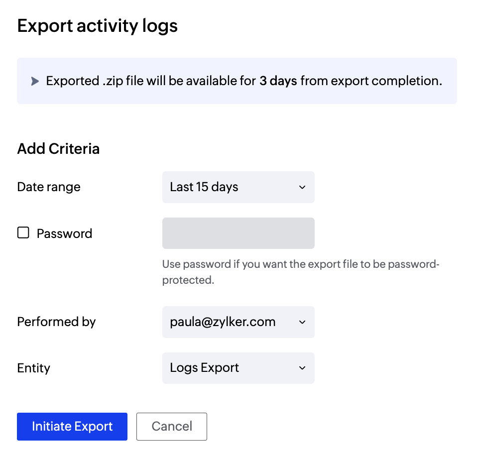 UI screenshot of activity logs popup