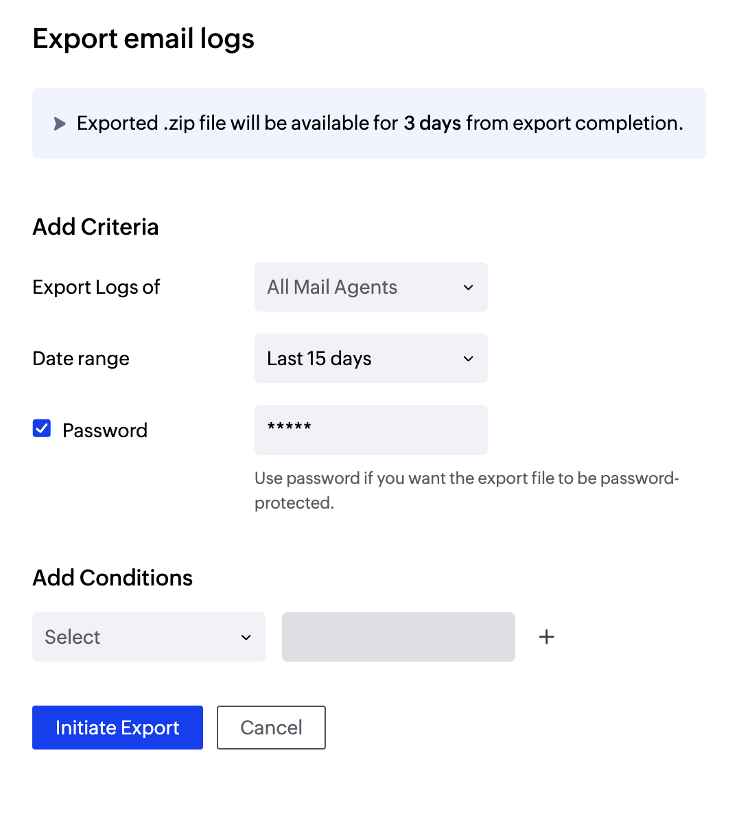 UI screenshot of export email logs popup