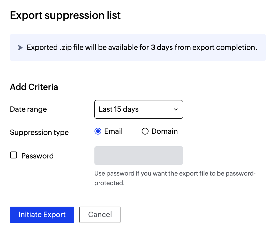 UI screenshot of export suppression list popup