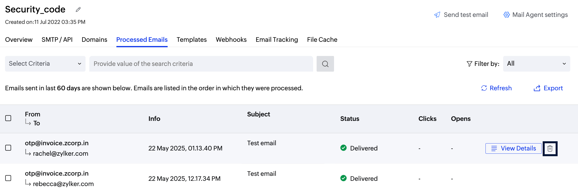 Delete logs screenshot