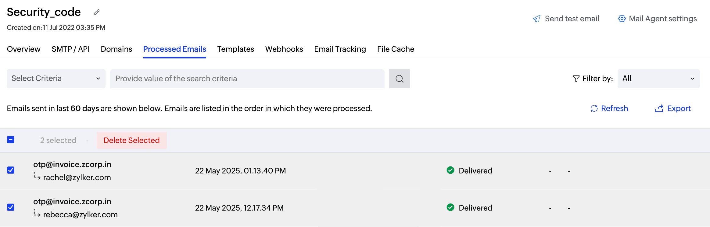 Delete selected logs screenshot
