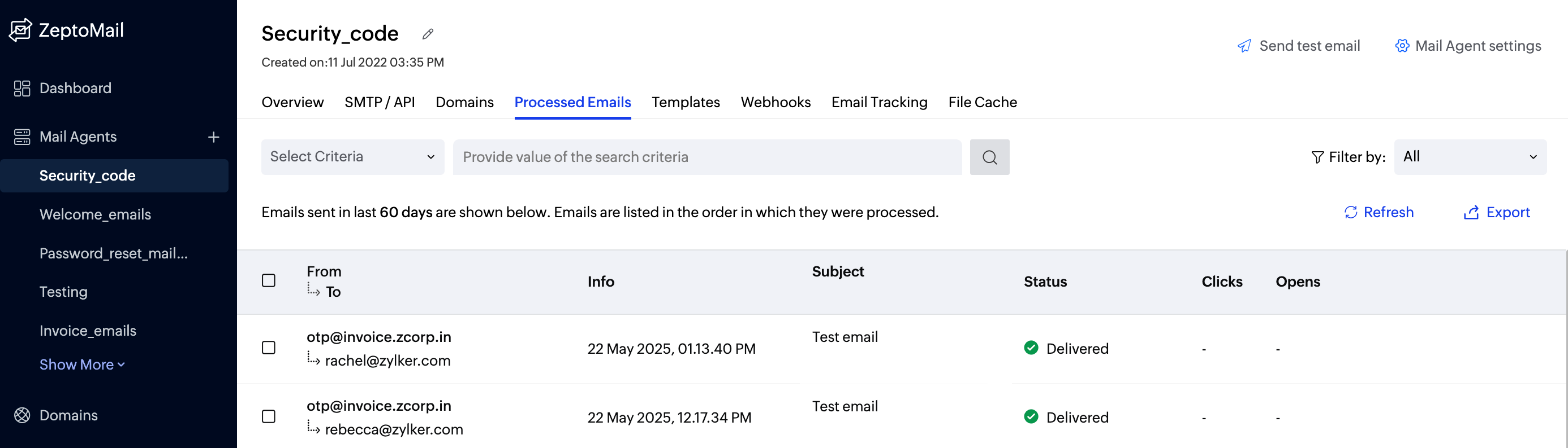 processed email dashboard
