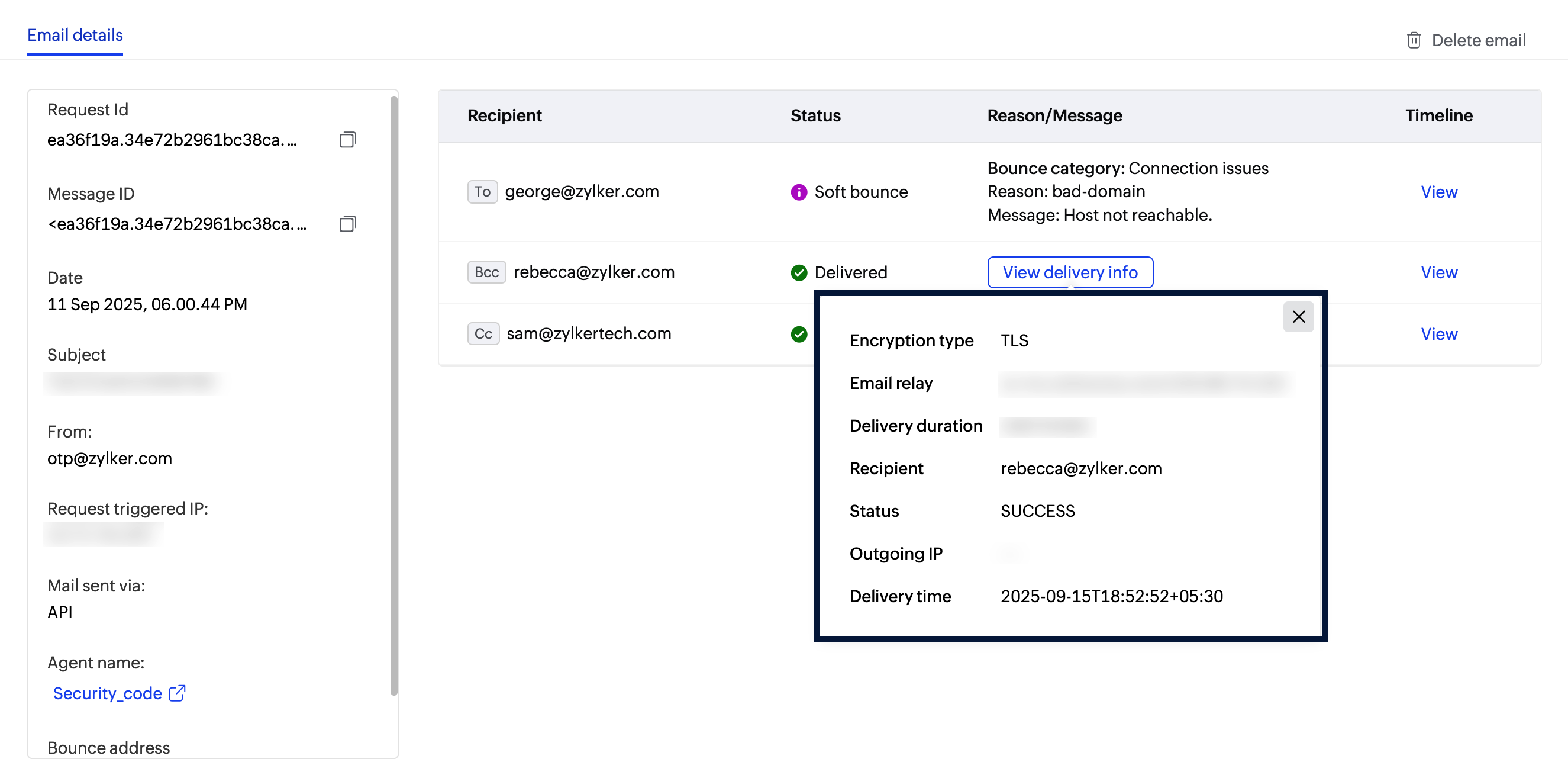 Processed emails recipient details