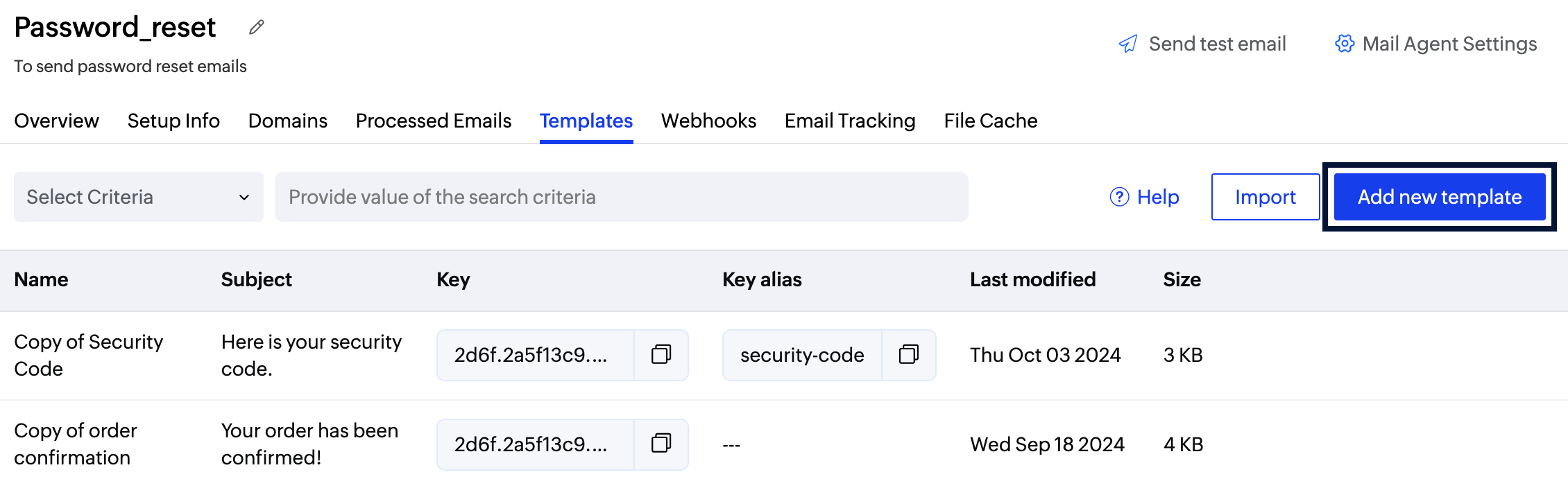 UI screenshot of adding template