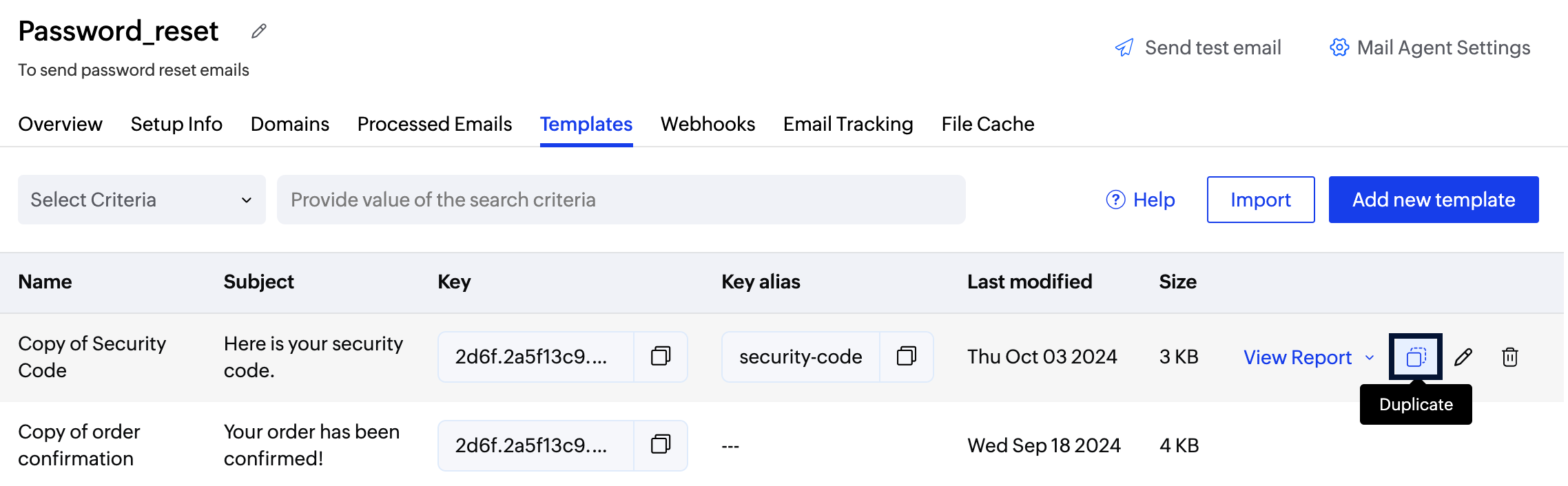 UI screenshot of creating a duplicate template