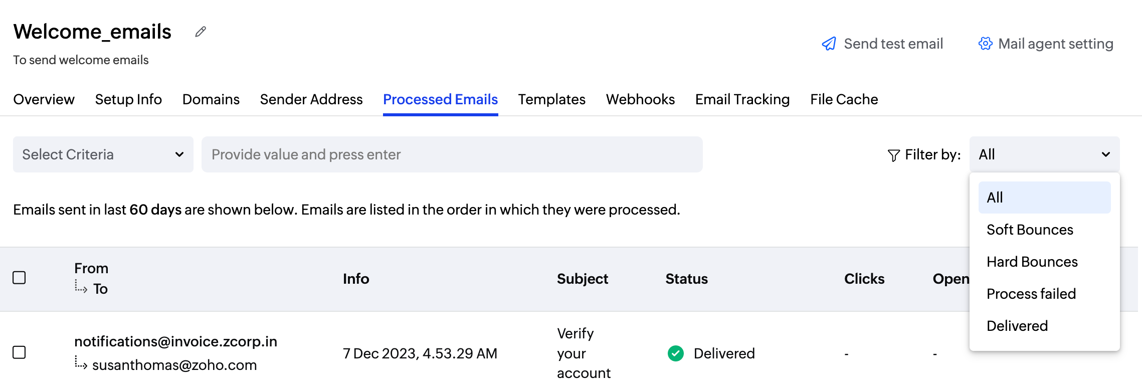 Processed Emails | Triggered Email Logs | Zoho ZeptoMail