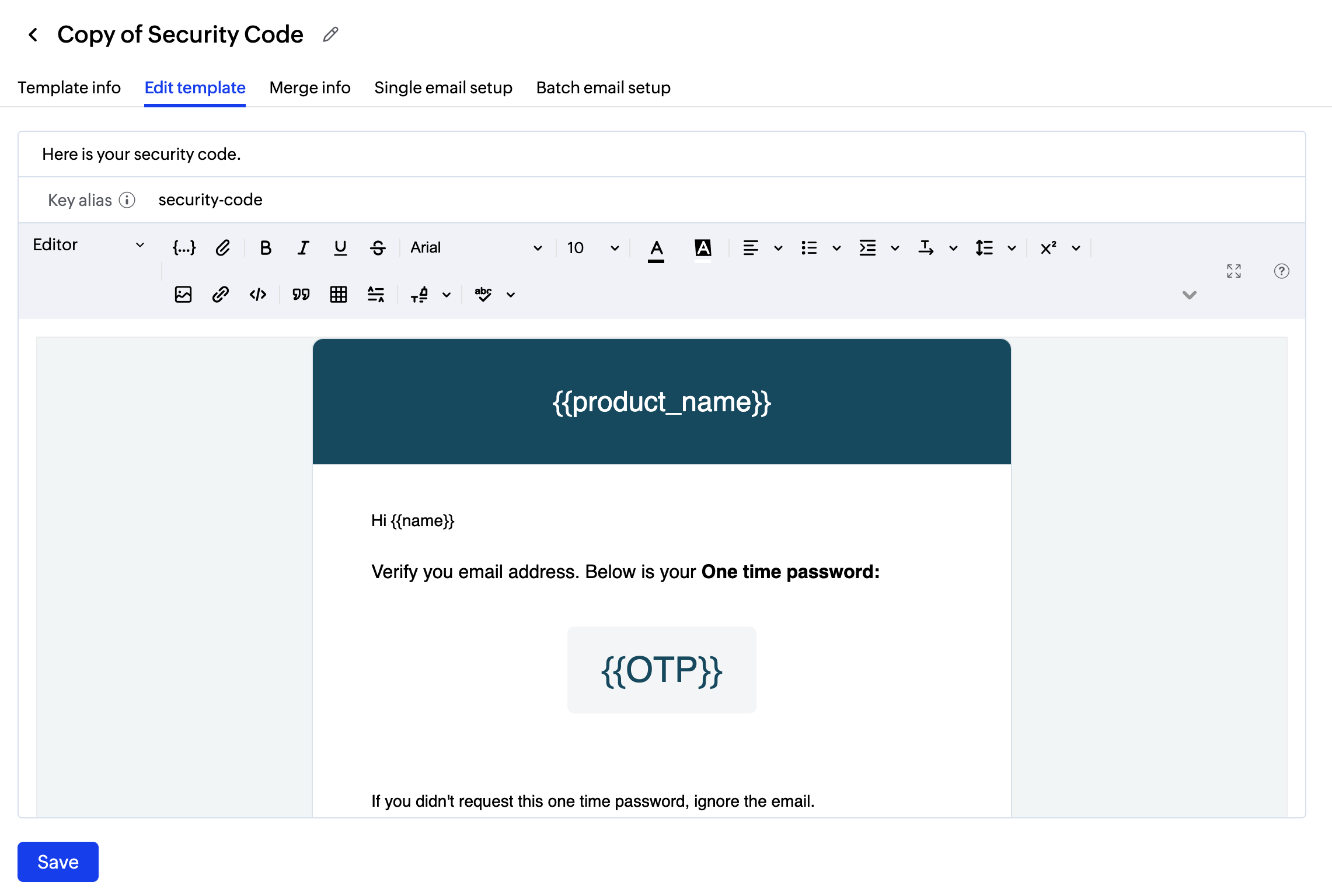 UI screenshot of edit template box