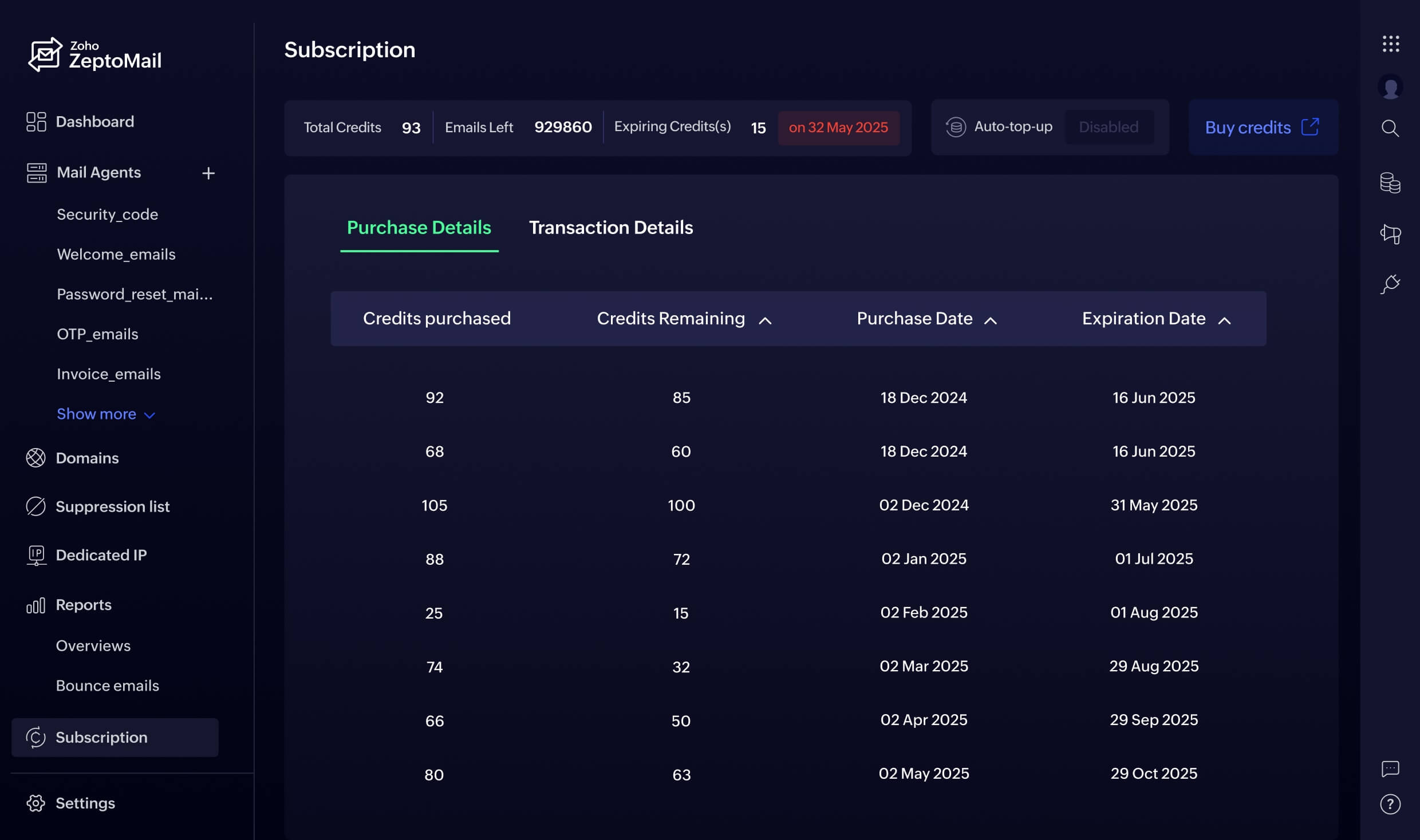  Screenshot of the subscriptions page in Zoho ZeptoMail