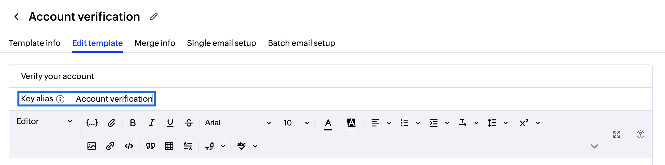 UI screenshot of template alias
