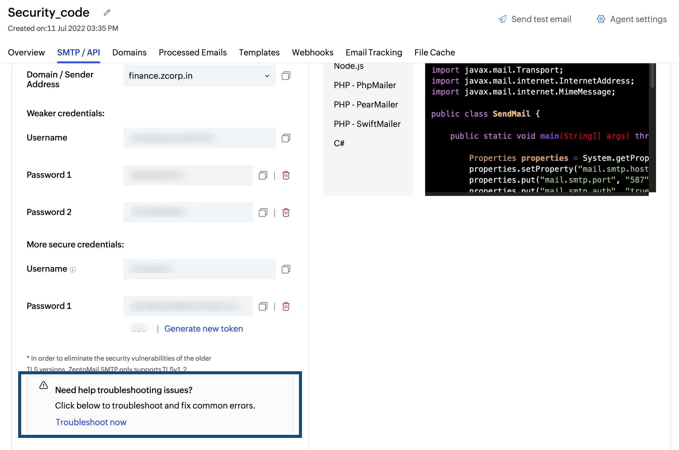Troubleshooting section in smtp/api section
