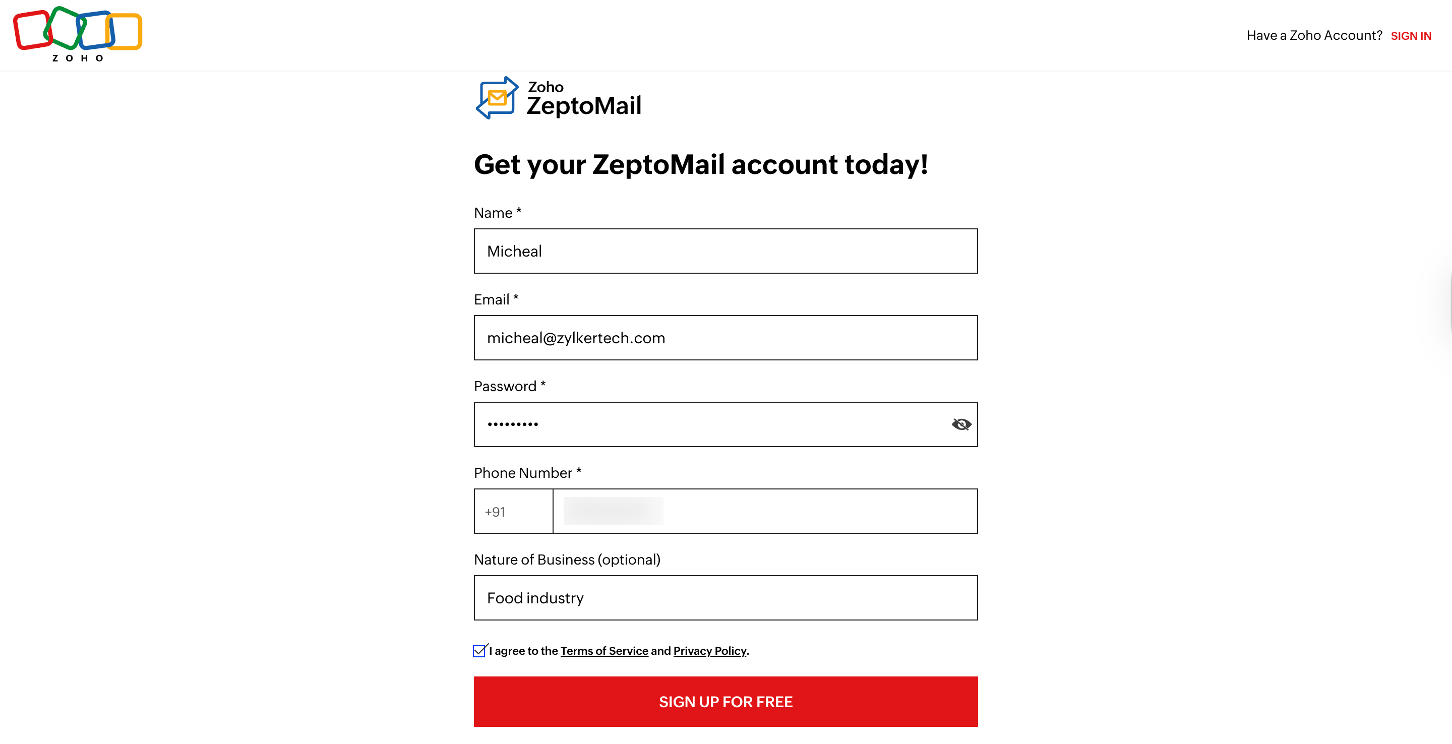 Screenshot of signup form