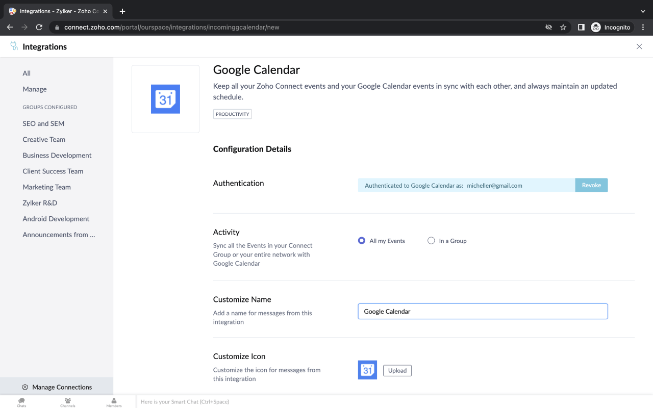 Zoho Connect group to your Google Calendar