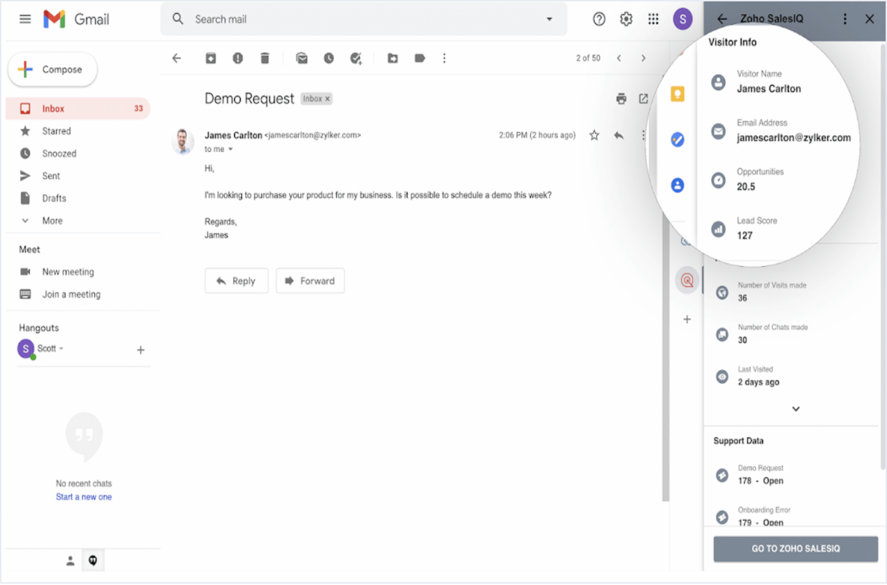 Gmail add-on for Zoho SalesIQ